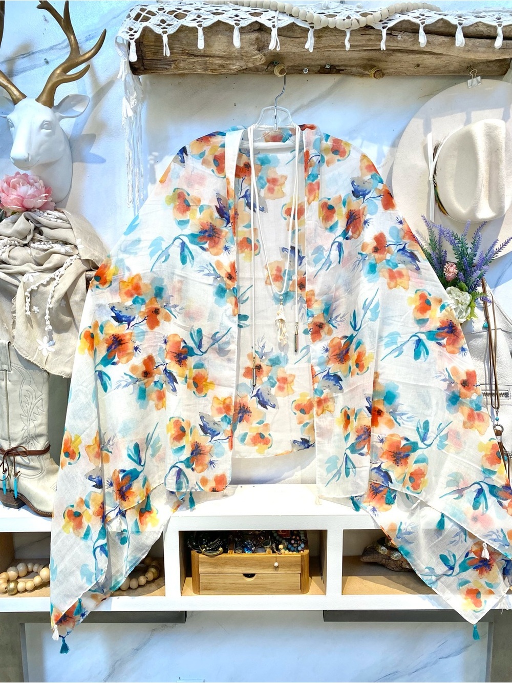 Tassel Floral boho scarf/wrap/shawl w resort vacay shabby chic beach vibe
